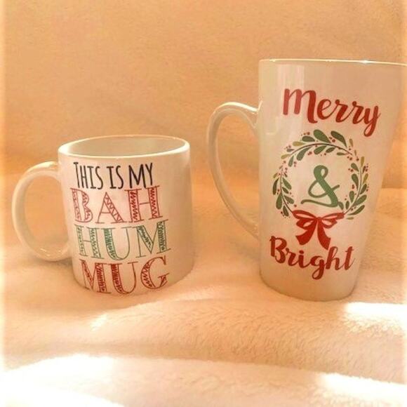 Caribou Coffee Christmas Mug Set of 2  "Bah Hum Mug" & "Merry & Bright" - Picture 2 of 8